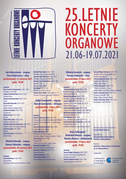 logo letnich koncertw organowych - niebieskie piszczaki z nazw - na plakacie z programrem koncertw, w tle organy z kocioa