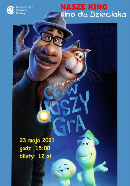 Na plakacie postaci z filmu, starszy pan i duszek i kot