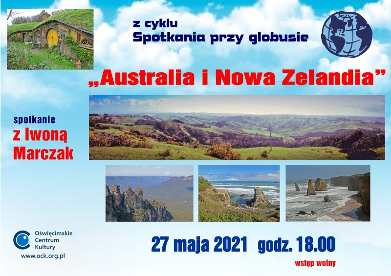 Plakat przedstawia collage zooony ze zdj z prezentacji o Australii i Nowej Zelandii oraz tytu spotkania