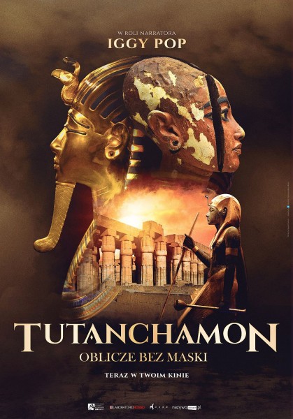 na plakacie popiersie faraona Tutenchamona, innej postaci a w oddali jakie buynki
