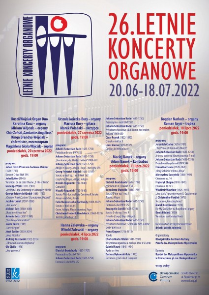 na plakacie letnich koncertw organowych logo, w tle zdjcie organw, program i daty i wykonawcy