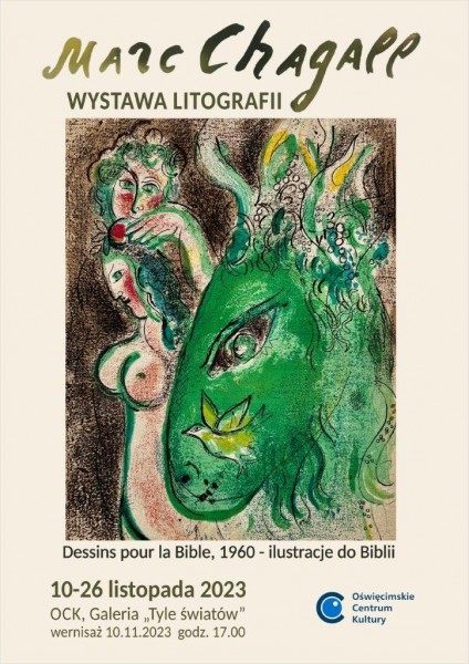 na plakacie jedna ilustracji Marca Chagalla z wystawy - dwie postaci kobievce i gowa zielonego konia