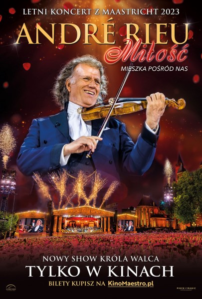 na plakacie zdjcie Andre Rieu ze skrzypcami, widownia koncertu